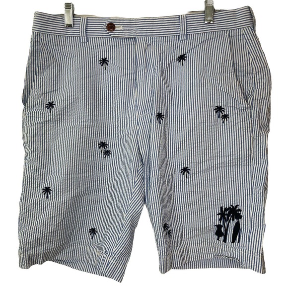 Brooks Brothers Seer Sucker Short Bermuda Hawaiian Striped Palm Tree Blue White - Picture 8 of 8